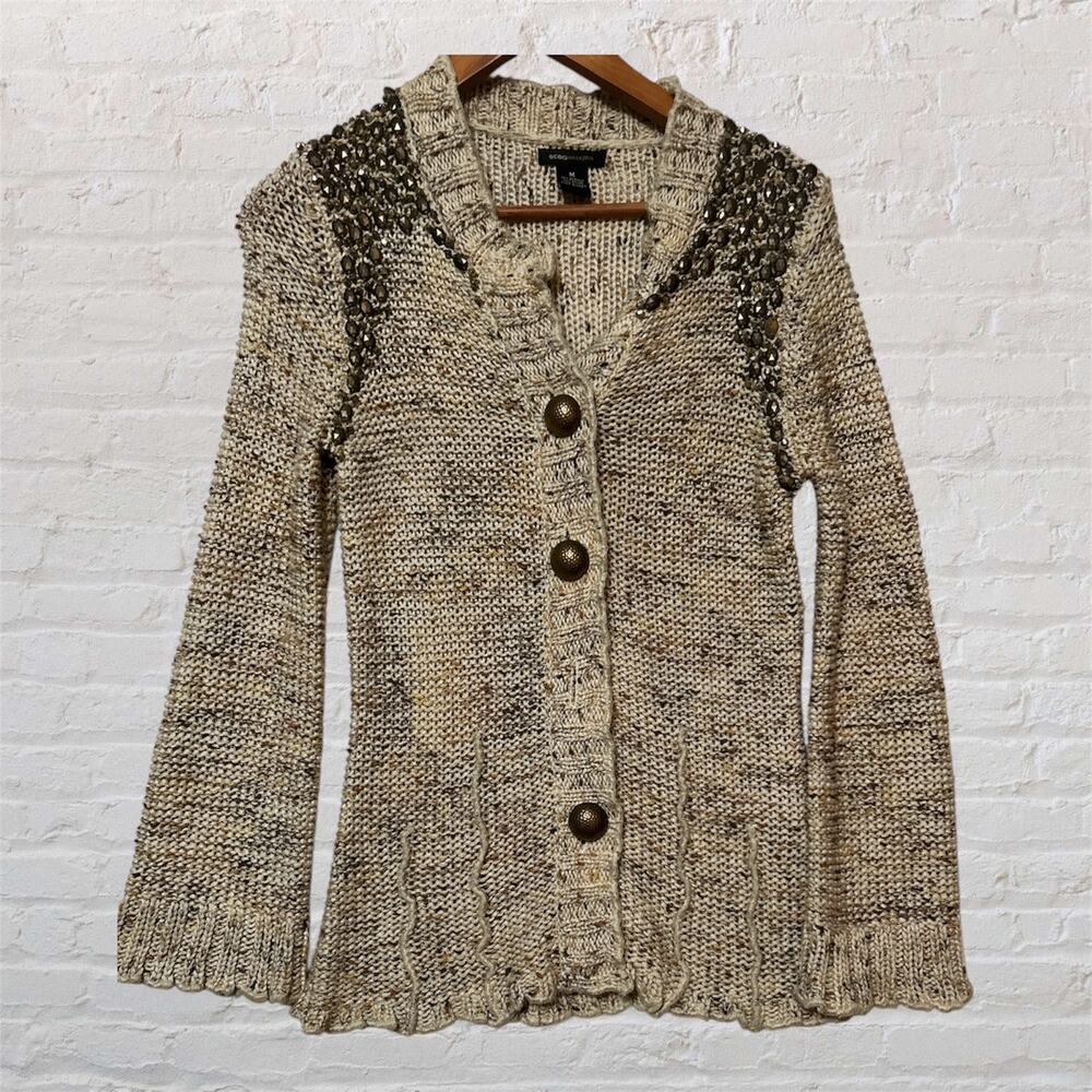 BCBG MAXAZRIA Womens‎ Tan Brown Beige Studded Beaded Big Button Sweater Jacket M